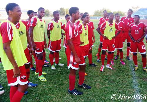 Photo: Trinidad and Tobago national under-17 footballer Akeem Garcia (far right) and his teammates at a training session. (Courtesy Victoria Walcott/Wired868)