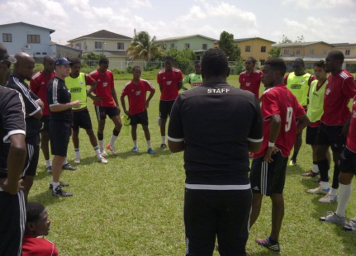 Photo: Central FC coach Terry Fenwick (third from left) gets his squad ready for the upcoming Pro League season. (Courtesy Central FC)