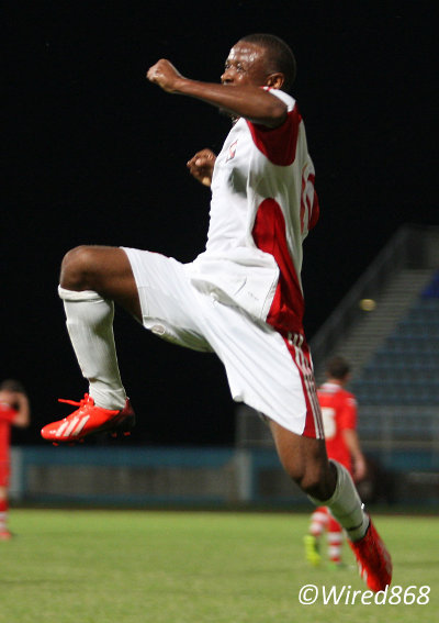 Photo: DIRECTV W Connection midfielder Jomal Williams celebrates his strike against Walsall FC in Couva. (Courtesy Wired868)